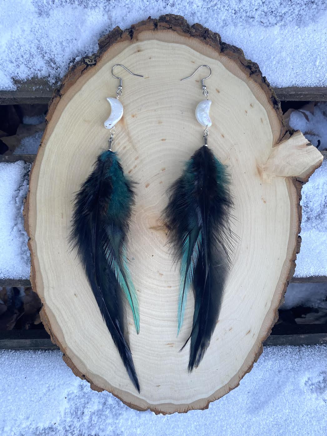 Crescent Moon Pearl and Feather Earrings