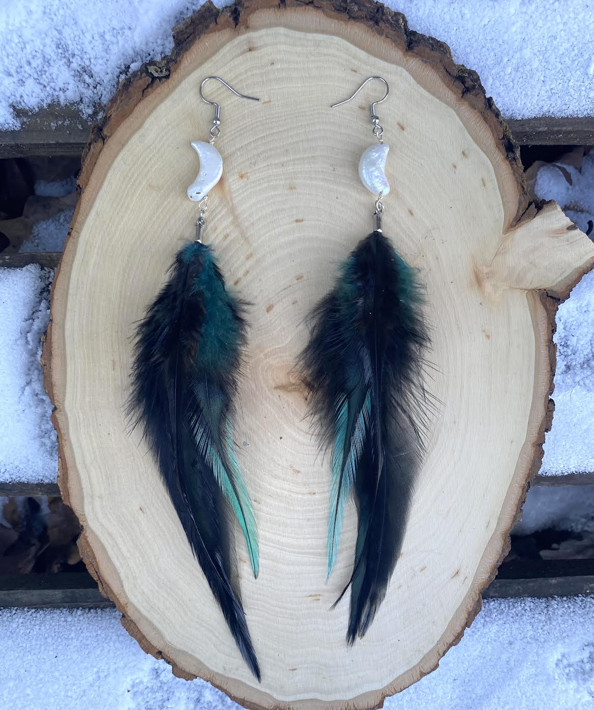 Crescent Moon Pearl and Feather Earrings